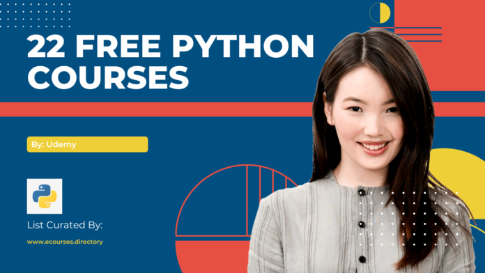 A featured image of a young woman inviting to reat the list on 22 free python courses.